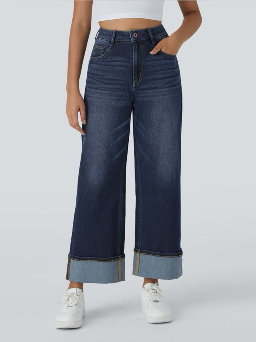 Halara Flex High Waisted Pockets Rolled Hem Wide Leg Jeans